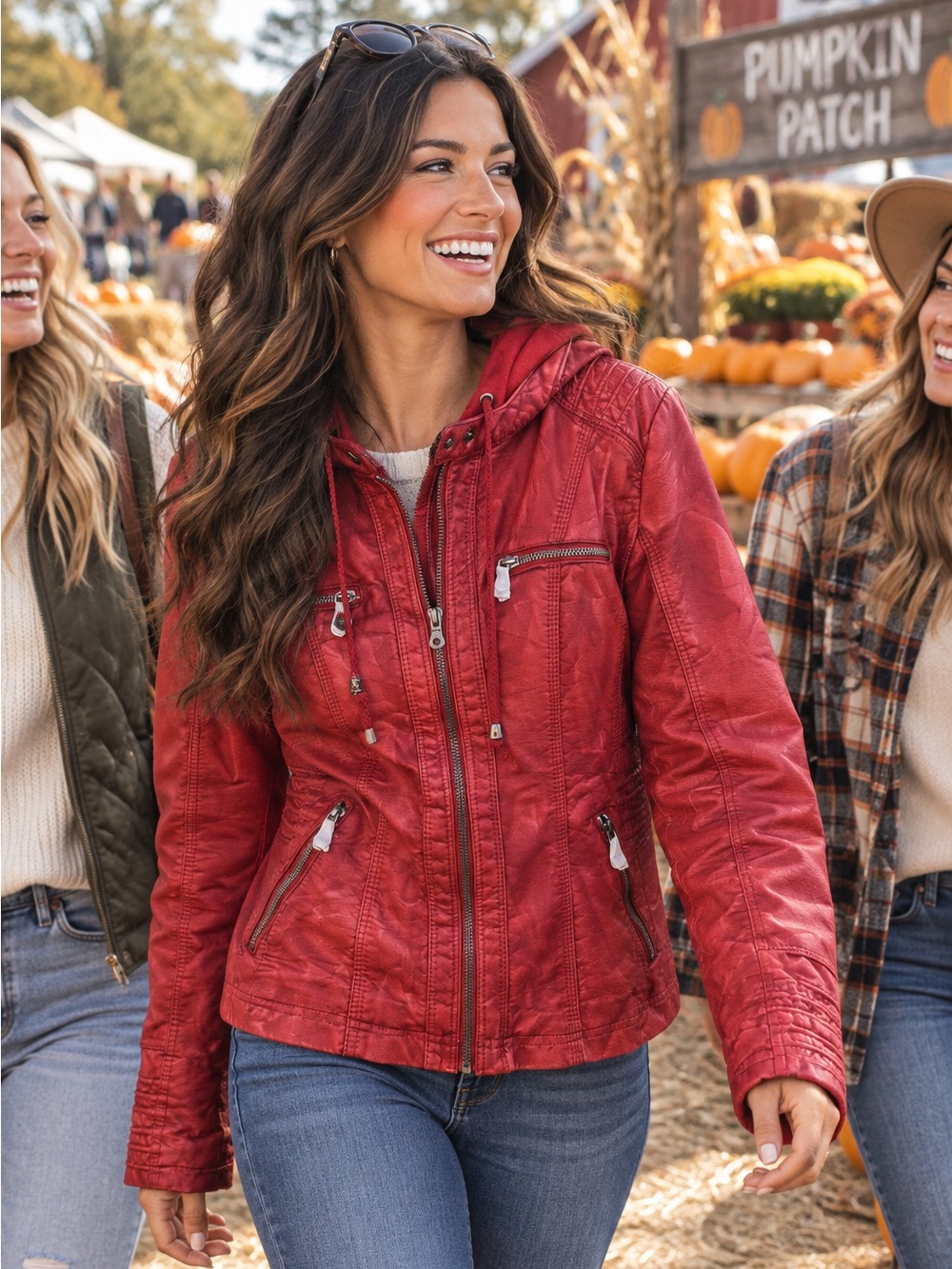 Women’s Red Hooded Faux Leather Jacket